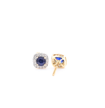 14k Yellow Gold Blue Sapphire and Diamond Halo Stud Earrings