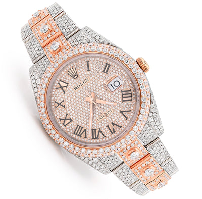 41MM Rolex DJ 20.5CT 10 Pointers Natural Diamond 2 Tone Rose & White Bussdown Oyester Band Watch - Elite Jewelers - Luxury Watch