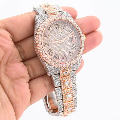 41MM Rolex DJ 20.5CT 10 Pointers Natural Diamond 2 Tone Rose & White Bussdown Oyester Band Watch - Elite Jewelers - Luxury Watch