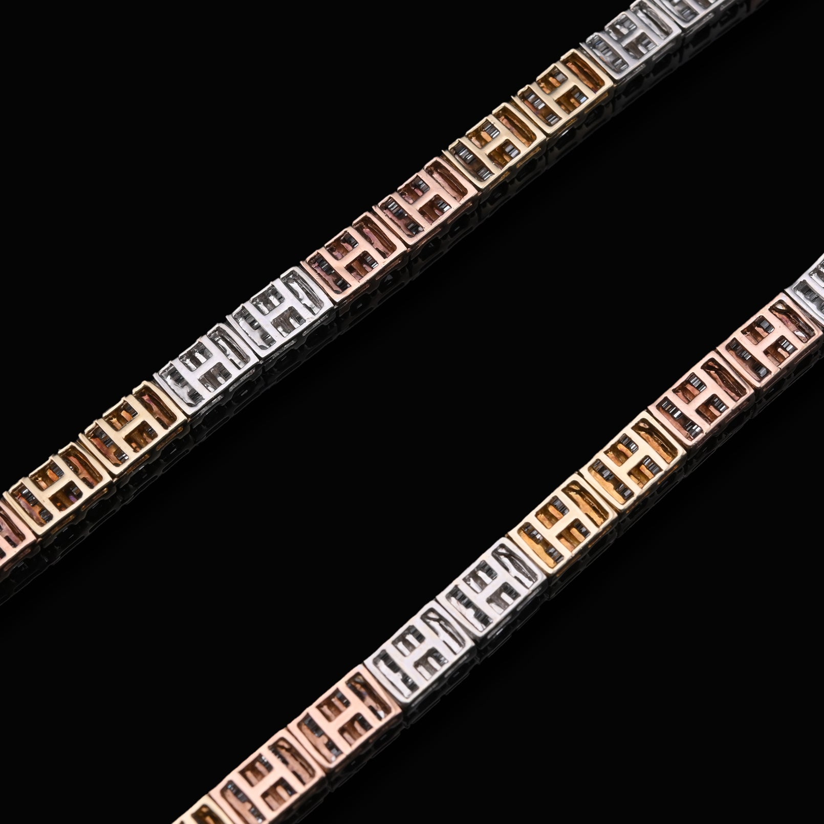 10K Yellow, White and Rose Gold Tricolor 18.50 CTW Baguette Diamond Tennis Necklace 23.5"