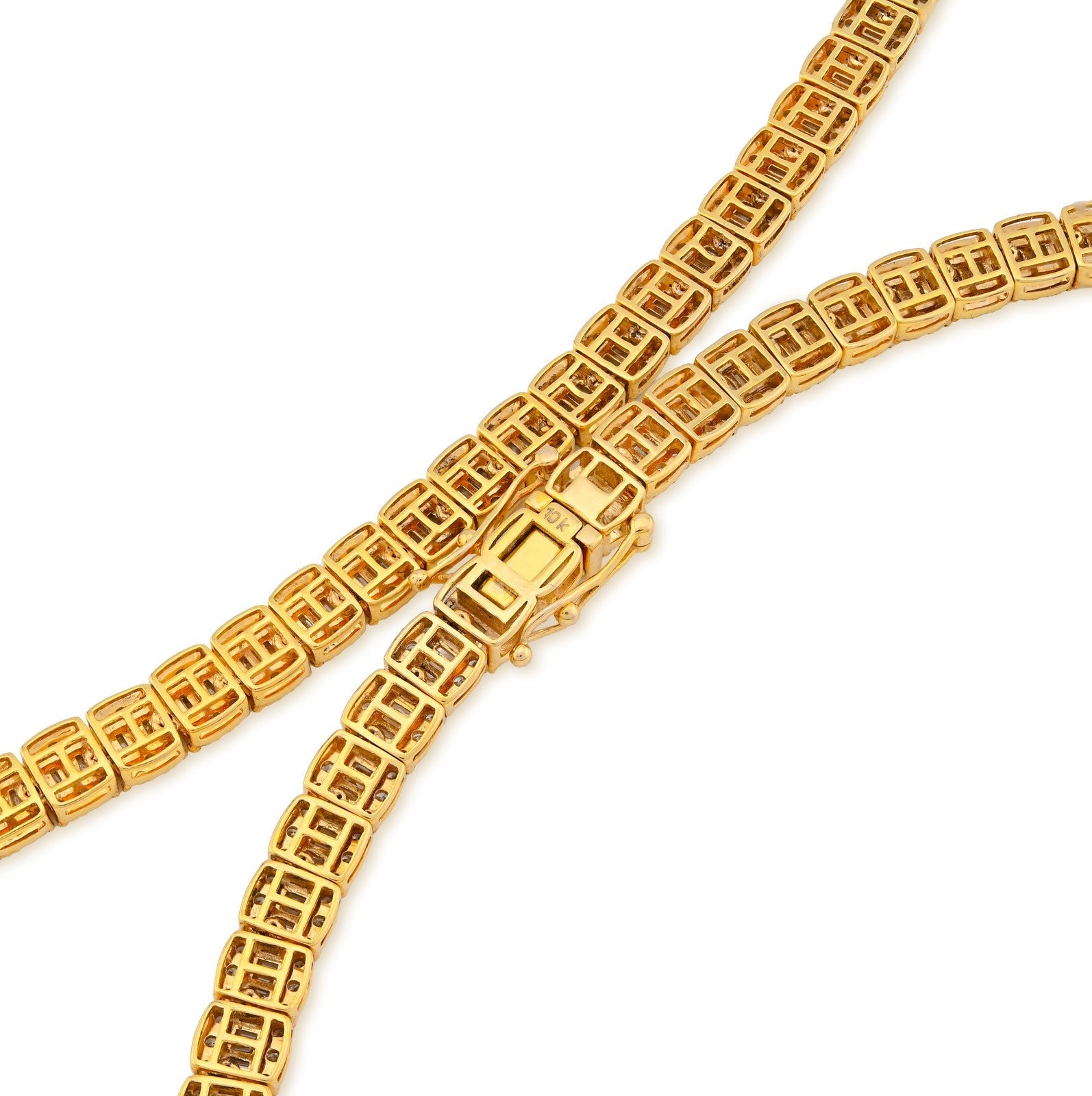 5.5MM 10k Yellow Gold 10.4CTW Natural Round/Baguette Diamond Tennis 33.5gm Chain - Elite Jewelers - Necklaces