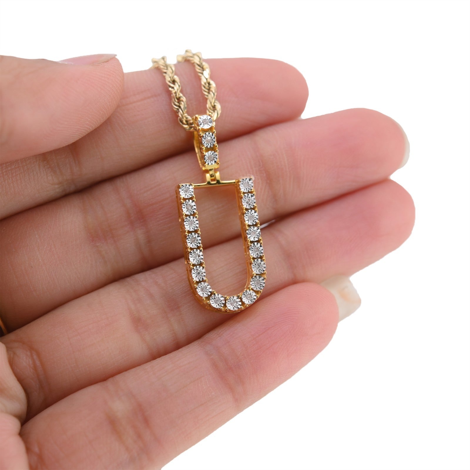 925 Yellow Natural 0.15 CTW Diamond Initial Alphabet "U" Pendant 2g Unisex Charm