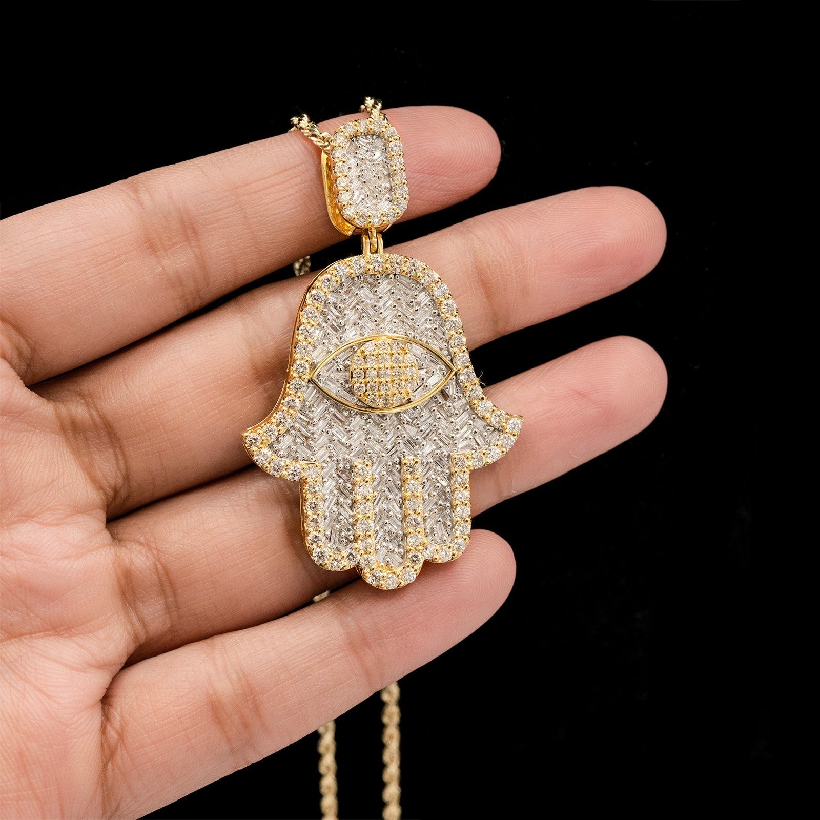 10k Yellow Gold 3.6CTW Round & Baguette Diamond Hamsa Hand Pendant 13.9g Charm