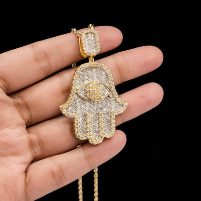 10k Yellow Gold 3.6CTW Round & Baguette Diamond Hamsa Hand Pendant 13.9g Charm