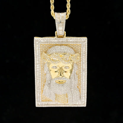 10k Yellow Gold 4.5CTW Round & Baguette Diamond Jesus Head on Frame Pendant 23gm