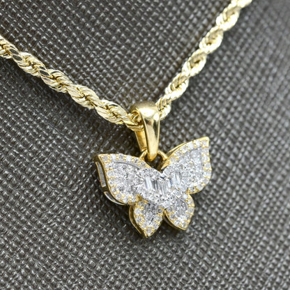 10k Yellow Gold 0.25CTW Round & Baguette Diamond Butterfly Pendant 1.9g Charm