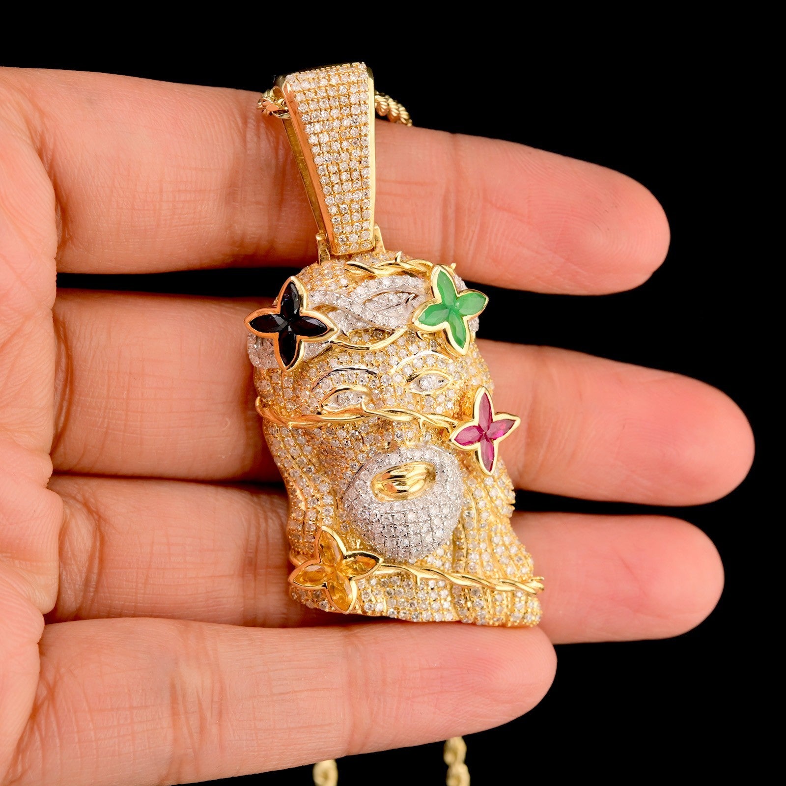 10k Yellow Gold 4.05CTW Diamond Jesus Head w/ Color Stones Pendant 15.3g Charm