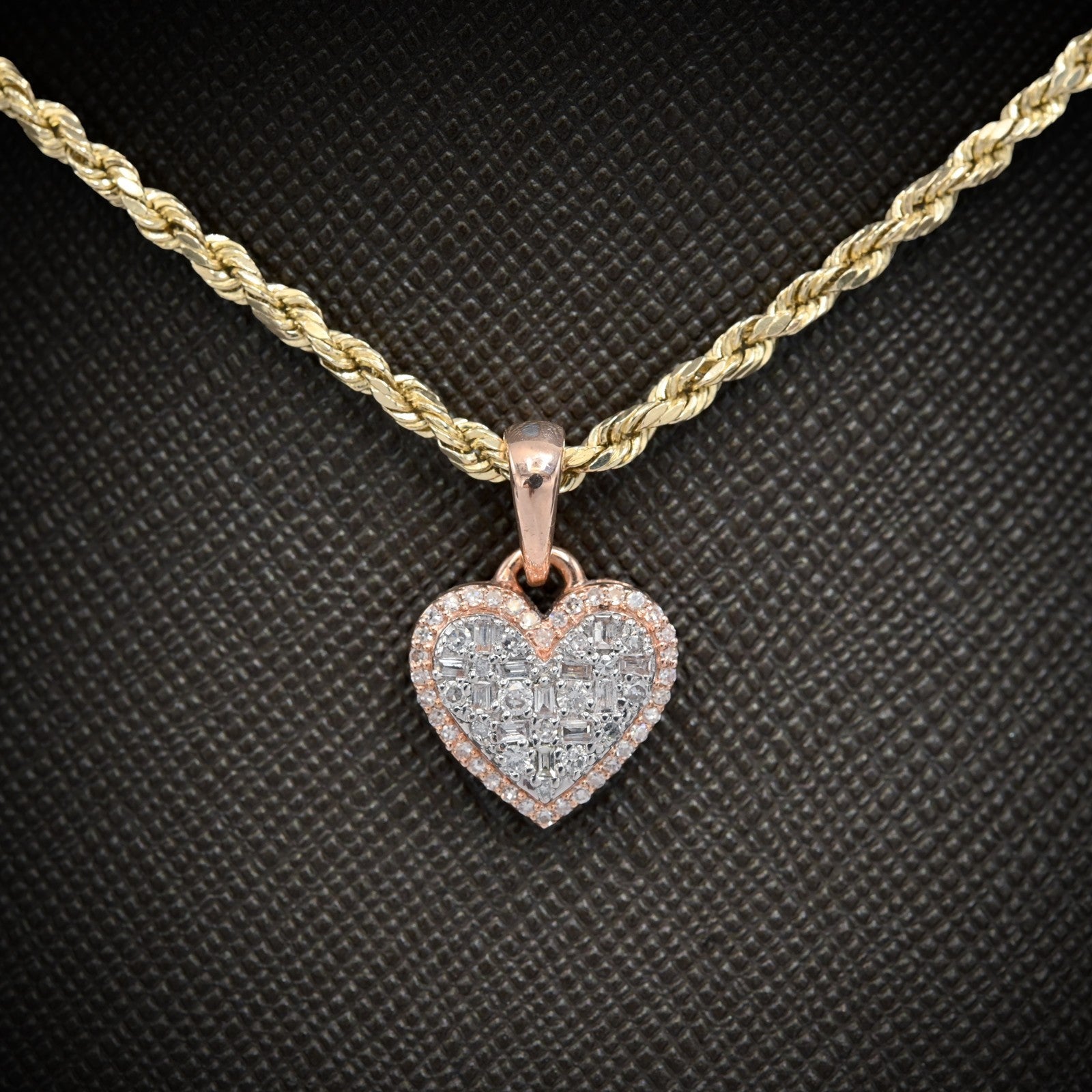 10k Rose Gold 0.28CTW Natural Round & Baguette Diamond Heart Pendant 2.1g Charm