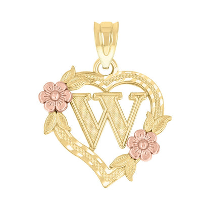 10k Yellow/Rose Gold Heart Flower Initial Letter "W" Pendant 1.1g Alphabet Charm