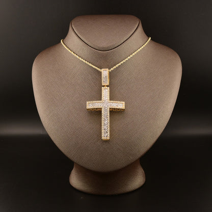 10k Yellow Gold 4.3CTW Round/Baguette Diamond Zig Zag Cross Pendant 18.2g Charm