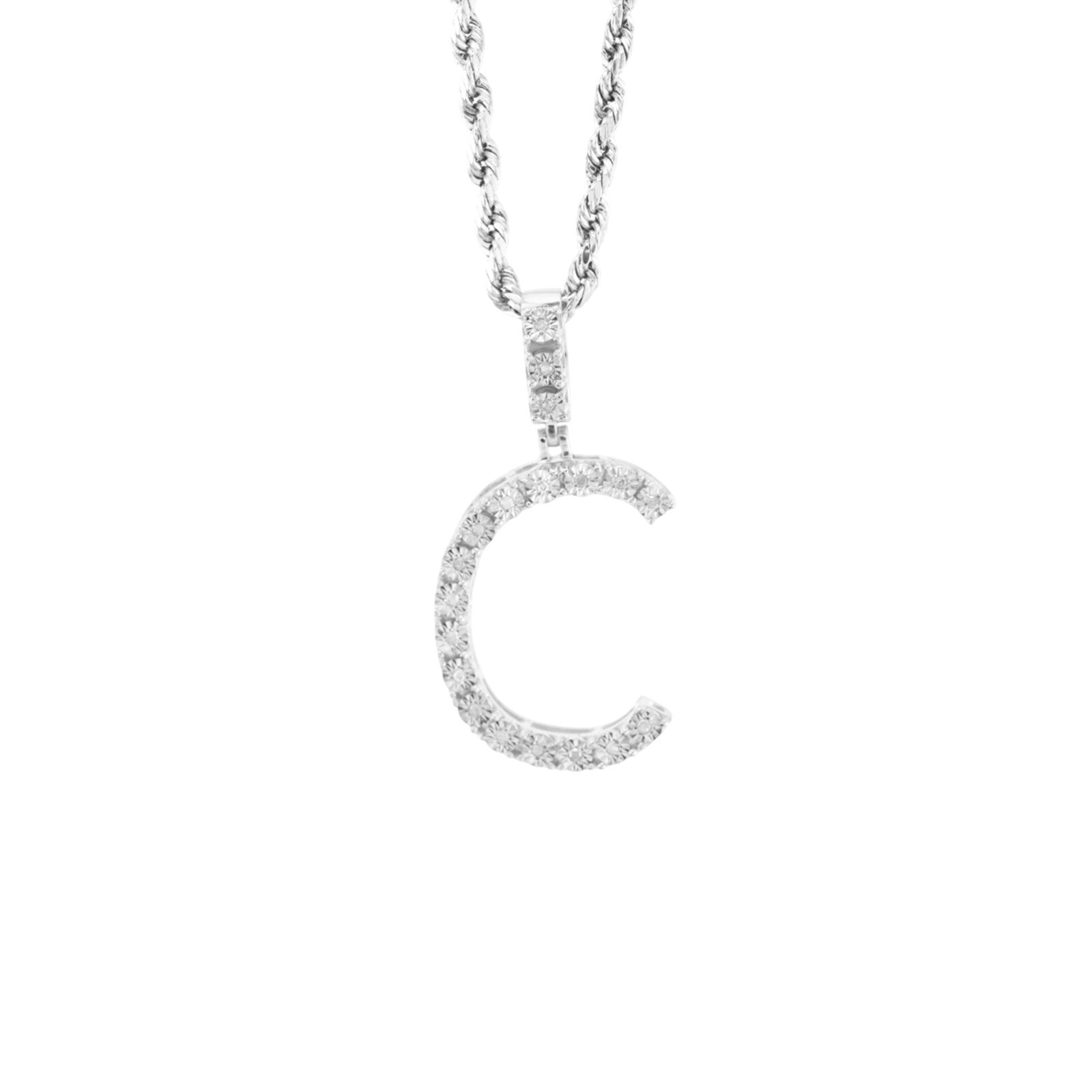 925 Silver Natural 0.15 CTW Diamond Initial Alphabet "C" Pendant 2g Unisex Charm