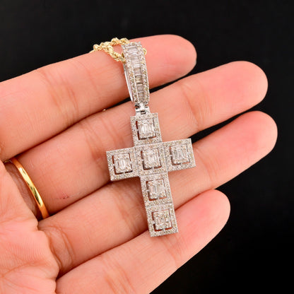 10k White Gold 2CTW Natural Round & Baguette Diamond Cross Pendant 6.4g Charm