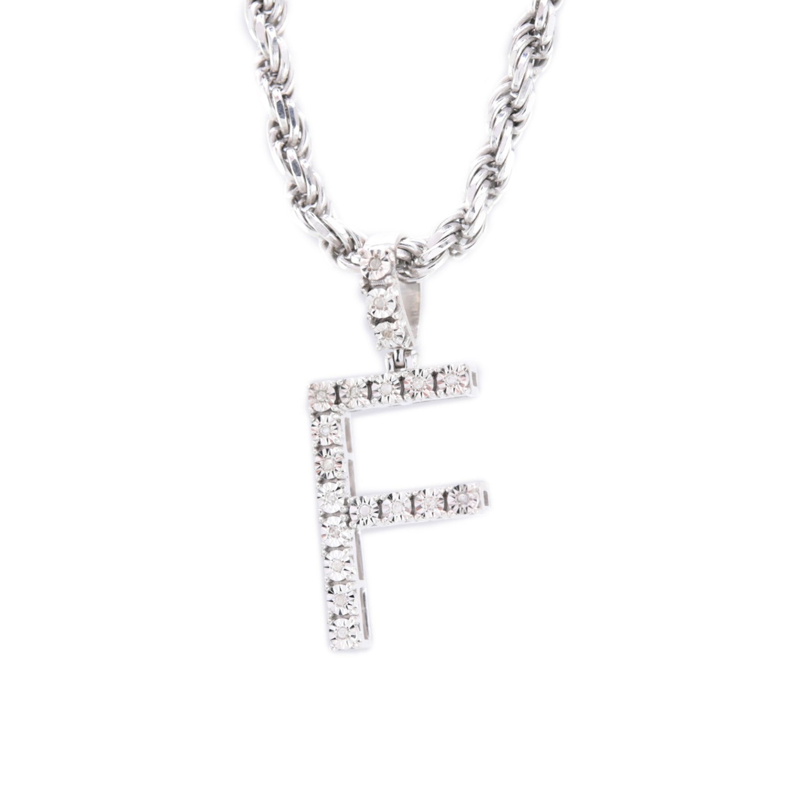 925 Silver Natural 0.15 CTW Diamond Initial Alphabet "F" Pendant 2g Unisex Charm