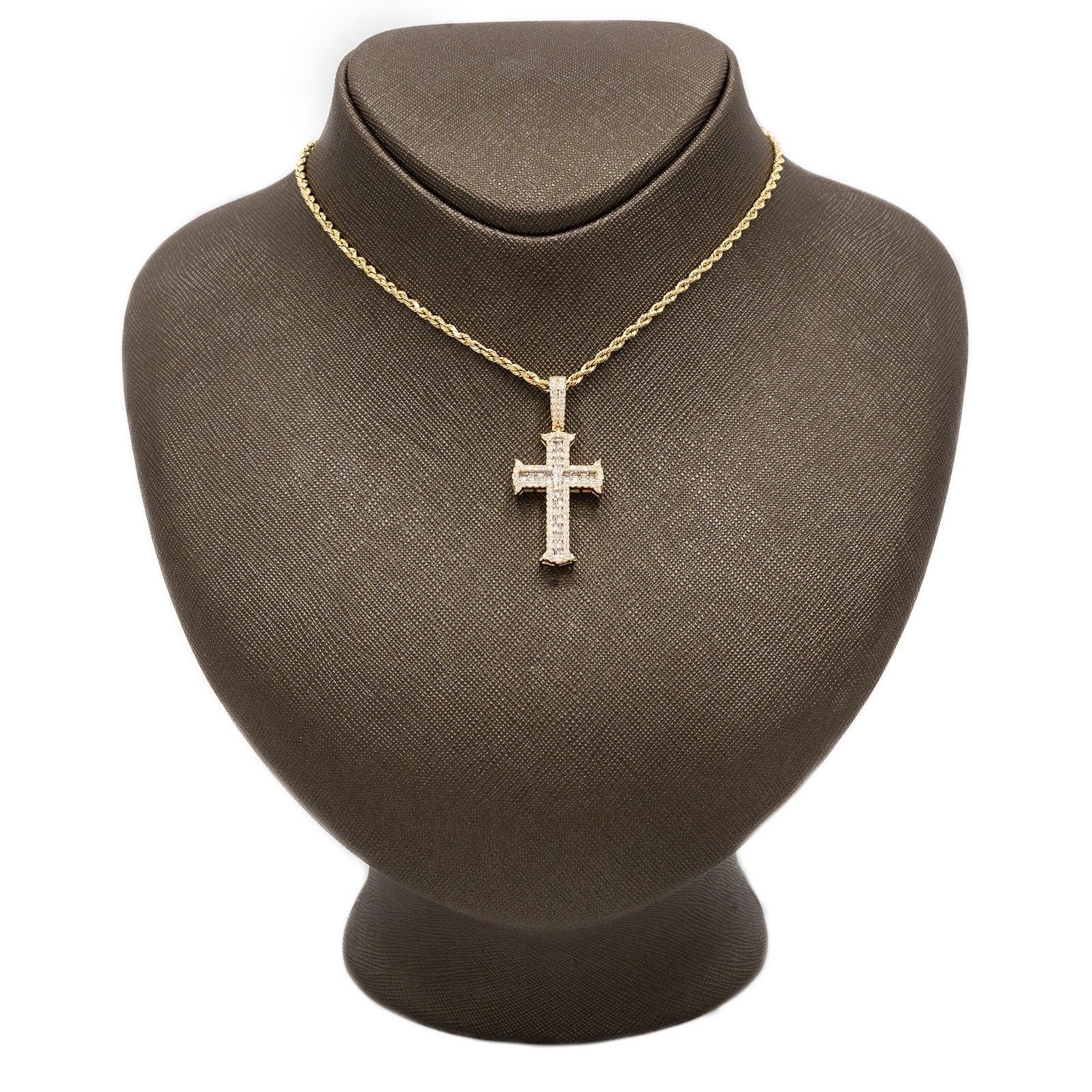 10k Yellow Gold 1CTW Lab Round/Baguette Diamond 2 Layer Cross Pendant 4g Charm