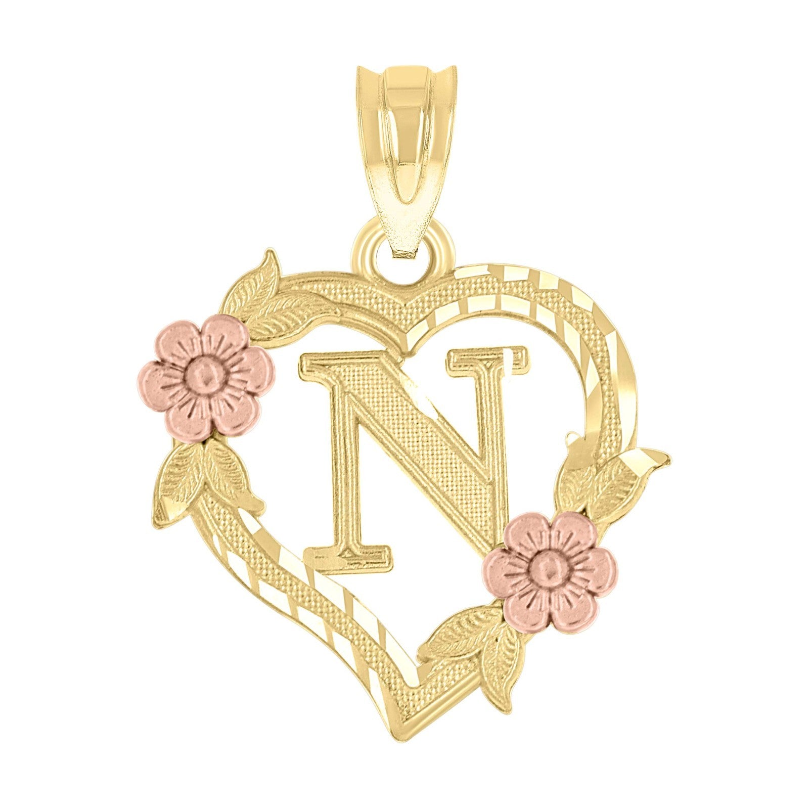 10k Yellow/Rose Gold Heart Flower Initial Letter "N" Pendant 1.1g Alphabet Charm