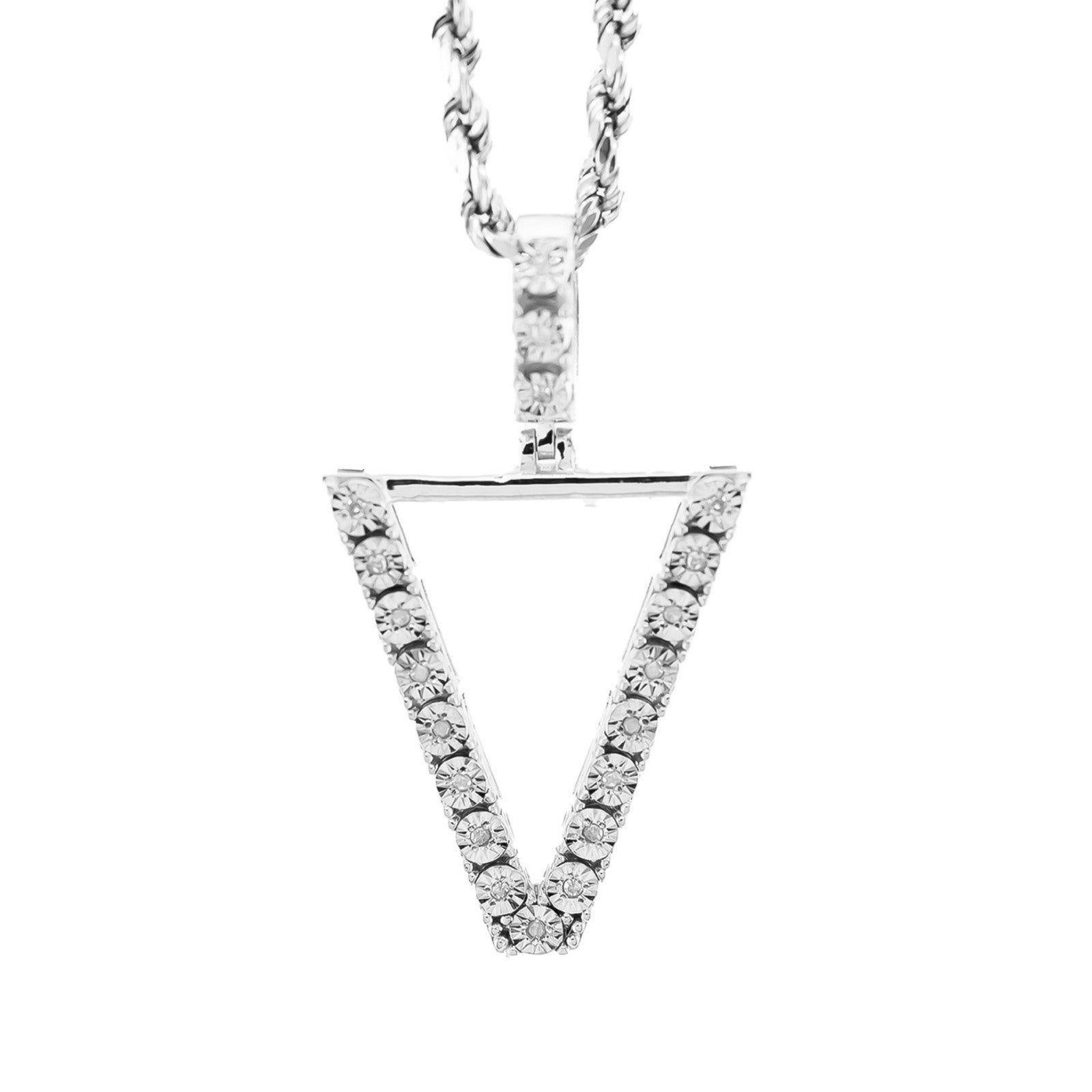 925 Silver Natural 0.15 CTW Diamond Initial Alphabet "V" Pendant 2g Unisex Charm