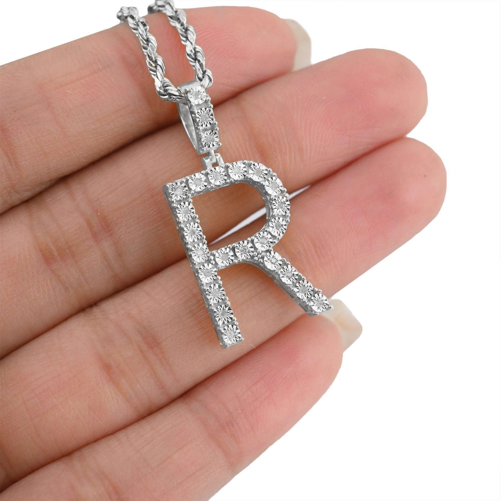 925 Silver Natural 0.15 CTW Diamond Initial Alphabet "R" Pendant 2g Unisex Charm