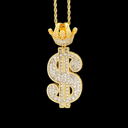 10k Yellow Gold 3.5CTW Round & Baguette Diamond Dollar Sign Pendant 17.8g Charm