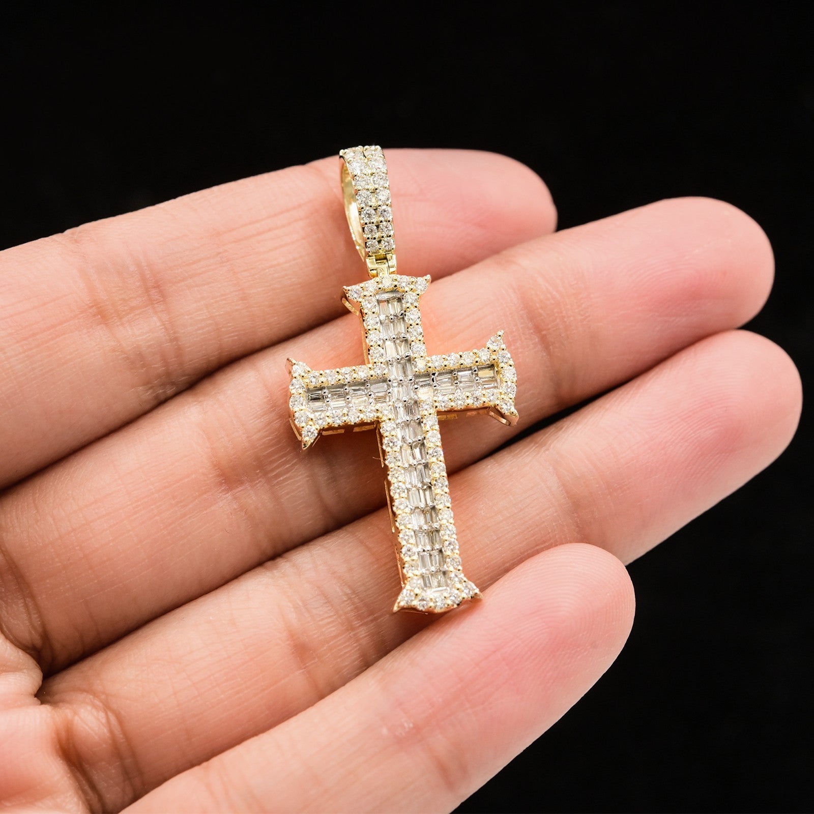 10k Yellow Gold 1CTW Lab Round/Baguette Diamond 2 Layer Cross Pendant 4g Charm