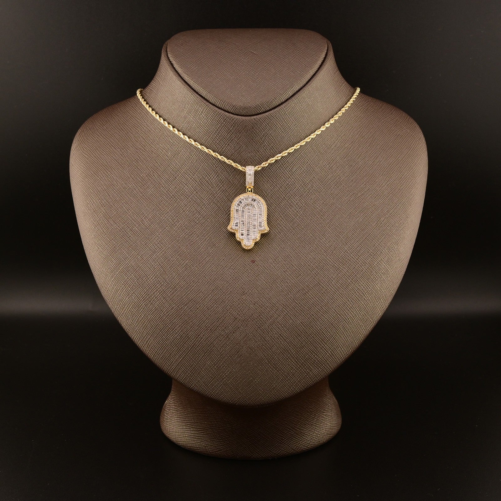 10k Yellow Gold 1.3CTW Natural Round & Baguette Diamond Hamsa Hand Pendant 7.1g