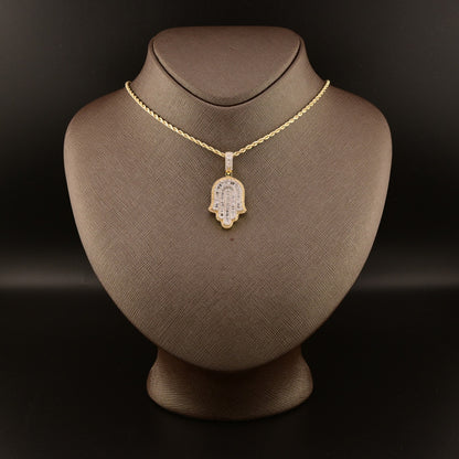 10k Yellow Gold 1.3CTW Natural Round & Baguette Diamond Hamsa Hand Pendant 7.1g