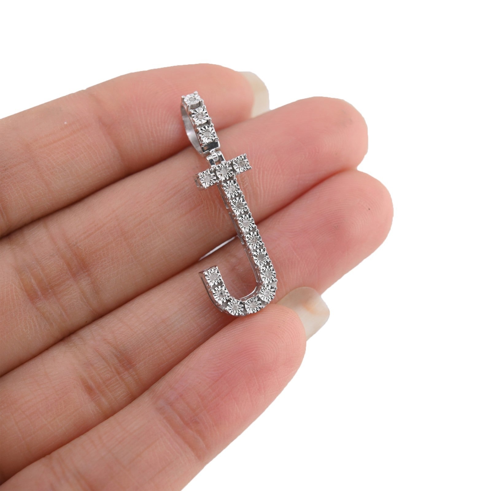 925 Silver Natural 0.15 CTW Diamond Initial Alphabet "J" Pendant 2g Unisex Charm
