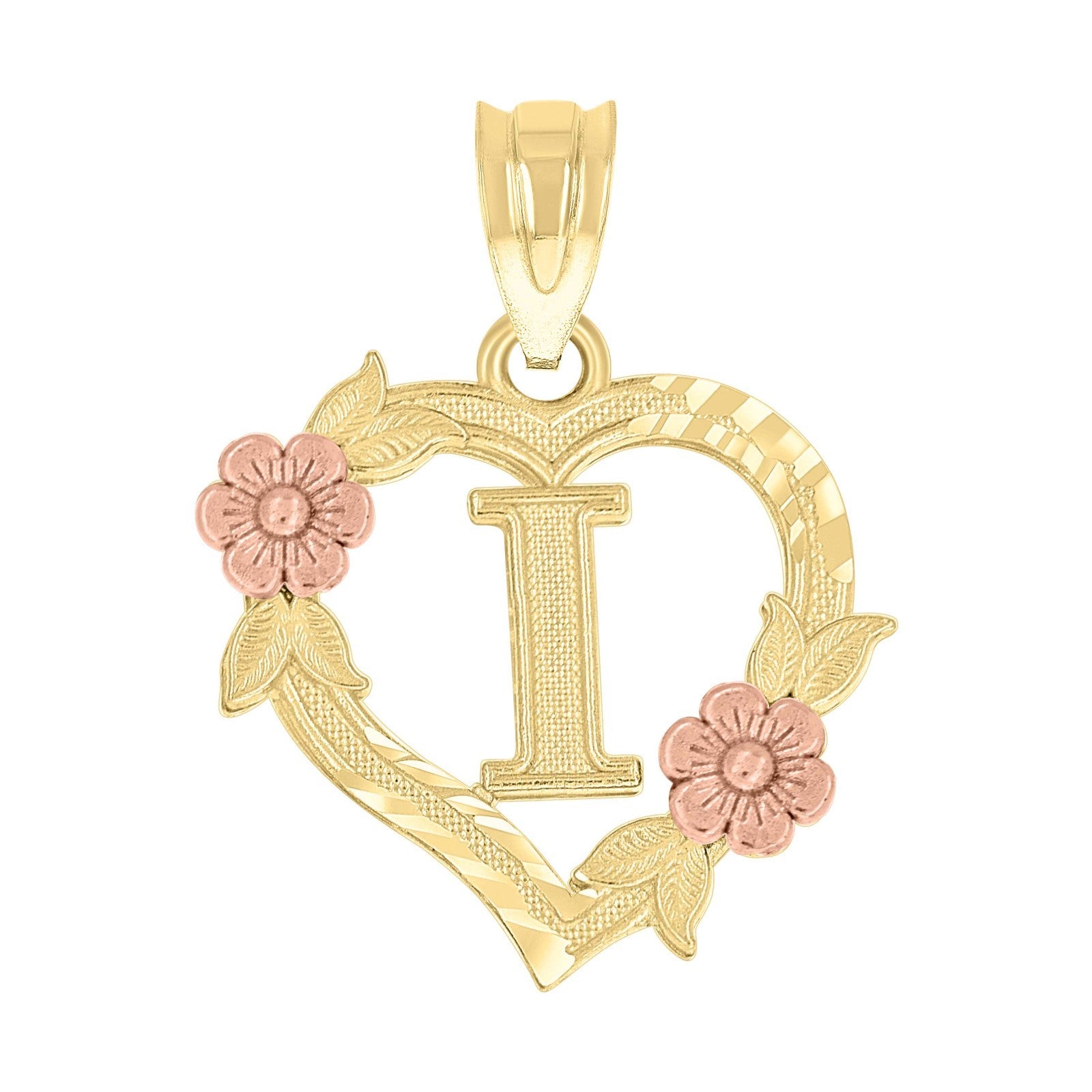 10k Yellow/Rose Gold Heart Flower Initial Letter "I" Pendant 1g Alphabet Charm
