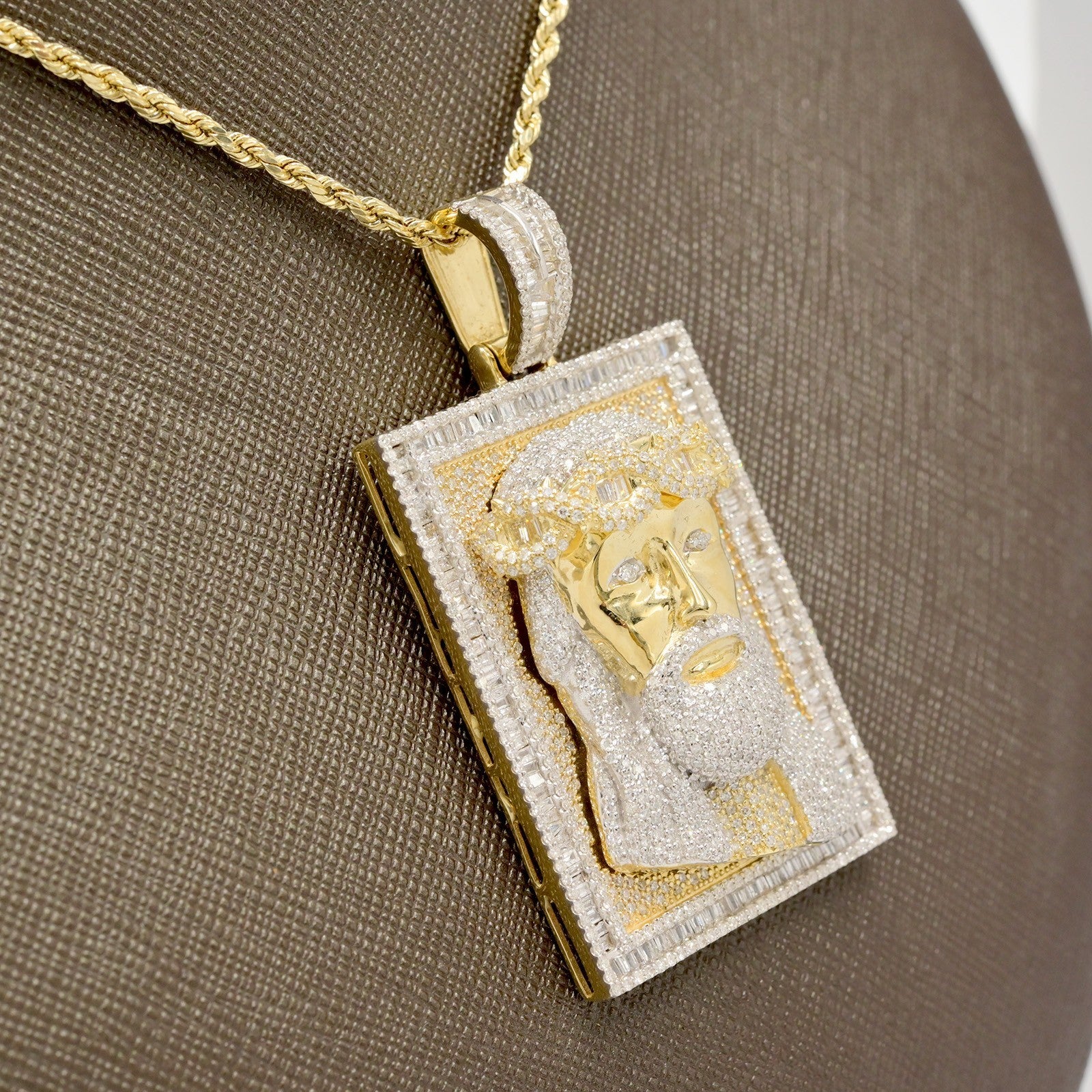 10k Yellow Gold 4.5CTW Round & Baguette Diamond Jesus Head on Frame Pendant 23gm