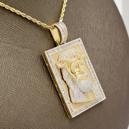 10k Yellow Gold 4.5CTW Round & Baguette Diamond Jesus Head on Frame Pendant 23gm