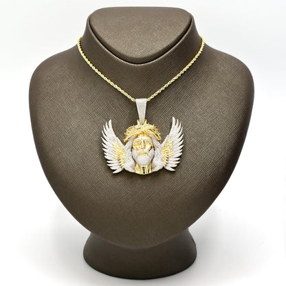 10k Yellow Gold 3.9CTW Natural Round Diamond Jesus w/ Wing Pendant 35g Charm