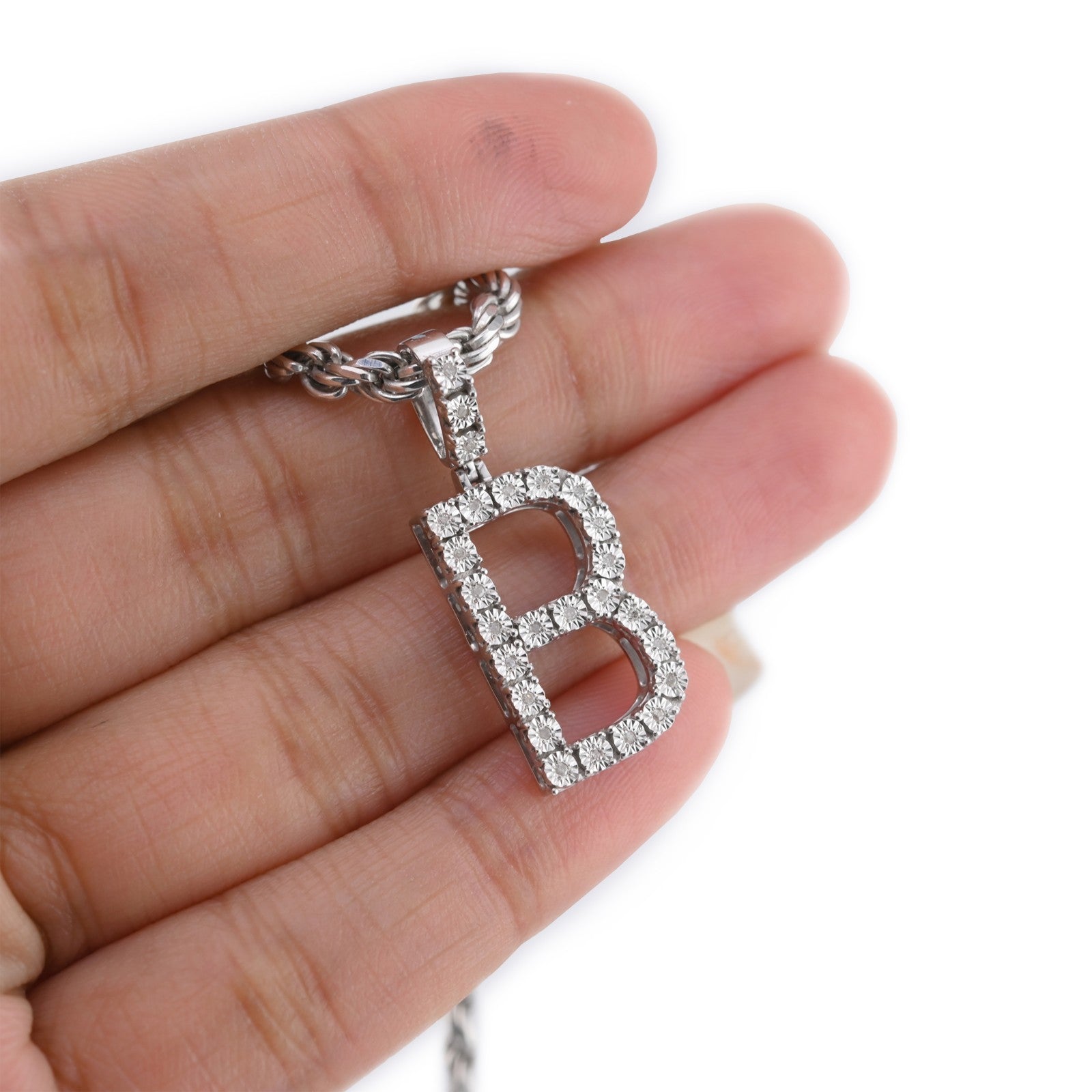 925 Silver Natural 0.15 CTW Diamond Initial Alphabet "B" Pendant 2g Unisex Charm