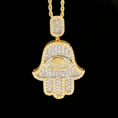 10k Yellow Gold 3.6CTW Round & Baguette Diamond Hamsa Hand Pendant 13.9g Charm