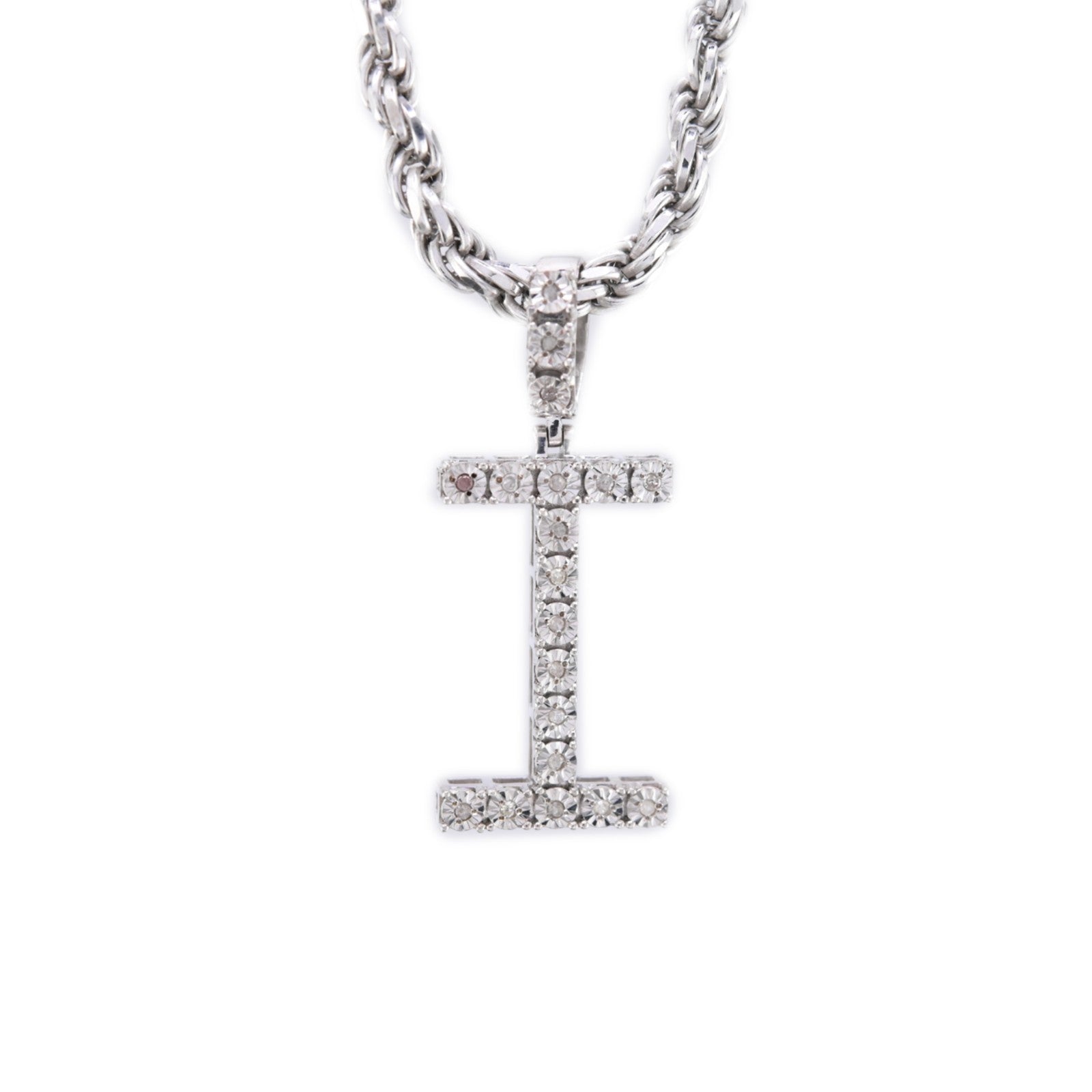 925 Silver Natural 0.15 CTW Diamond Initial Alphabet "I" Pendant 2g Unisex Charm