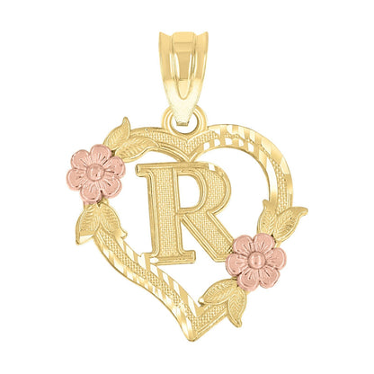 10k Yellow/Rose Gold Heart Flower Initial Letter "R" Pendant 1.1g Alphabet Charm