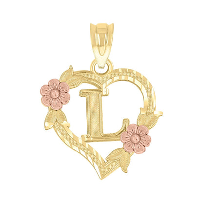 10k Yellow/Rose Gold Heart Flower Initial Letter "L" Pendant 1.1g Alphabet Charm