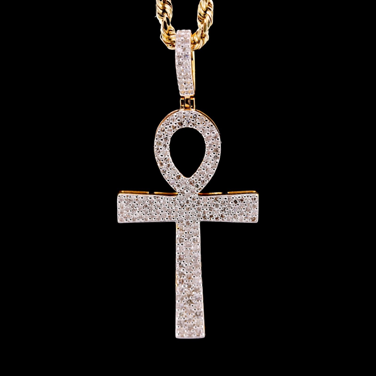 10k Yellow Gold 0.6CTW Natural Round Diamond Ankh Cross Pendant 2.6g Charm