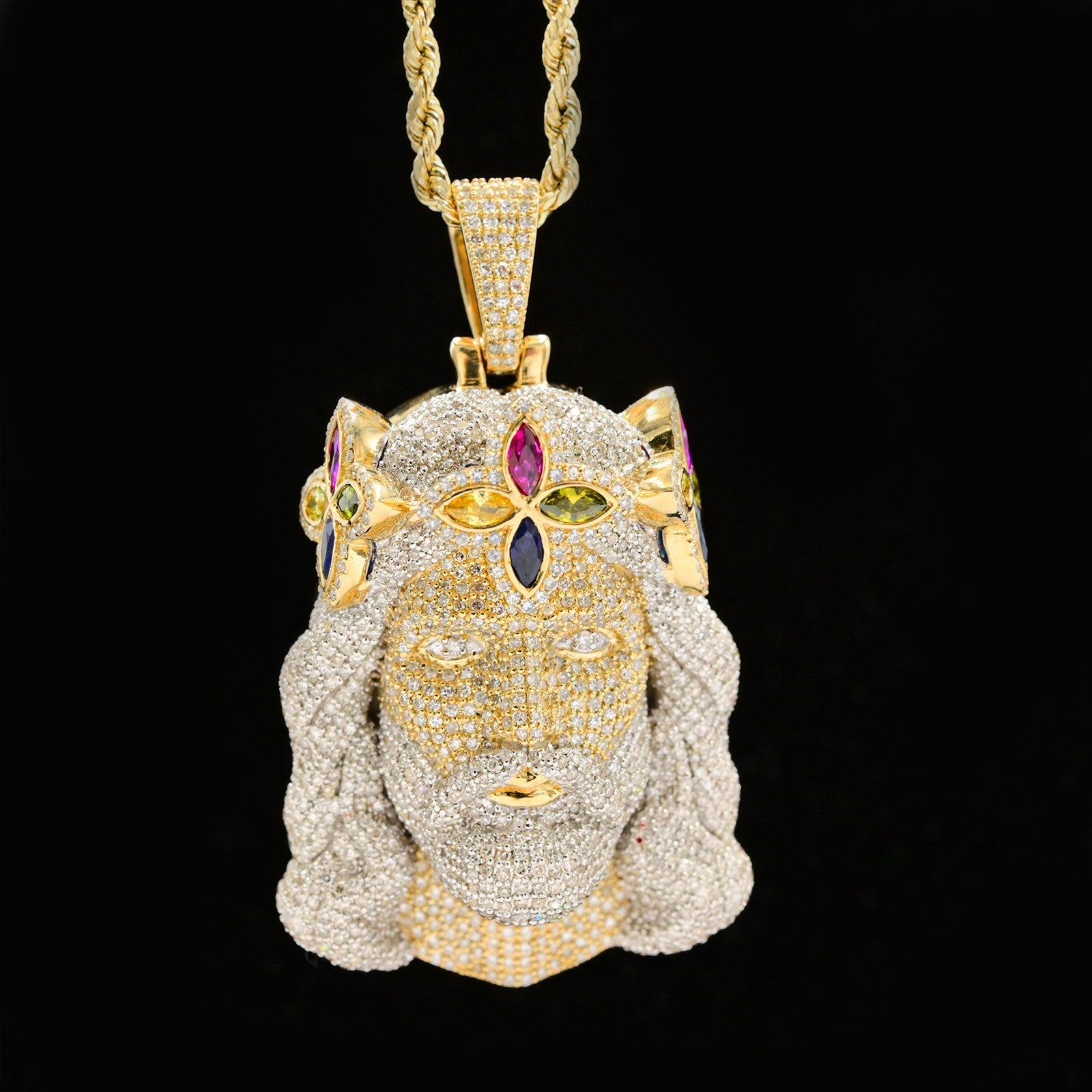 10k Yellow Gold 4.6CTW Pure Diamond Chrome Heart Jesus Head Pendant 21.7g Charm