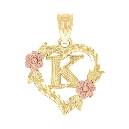 10k Yellow/Rose Gold Heart Flower Initial Letter "K" Pendant 1.1g Alphabet Charm