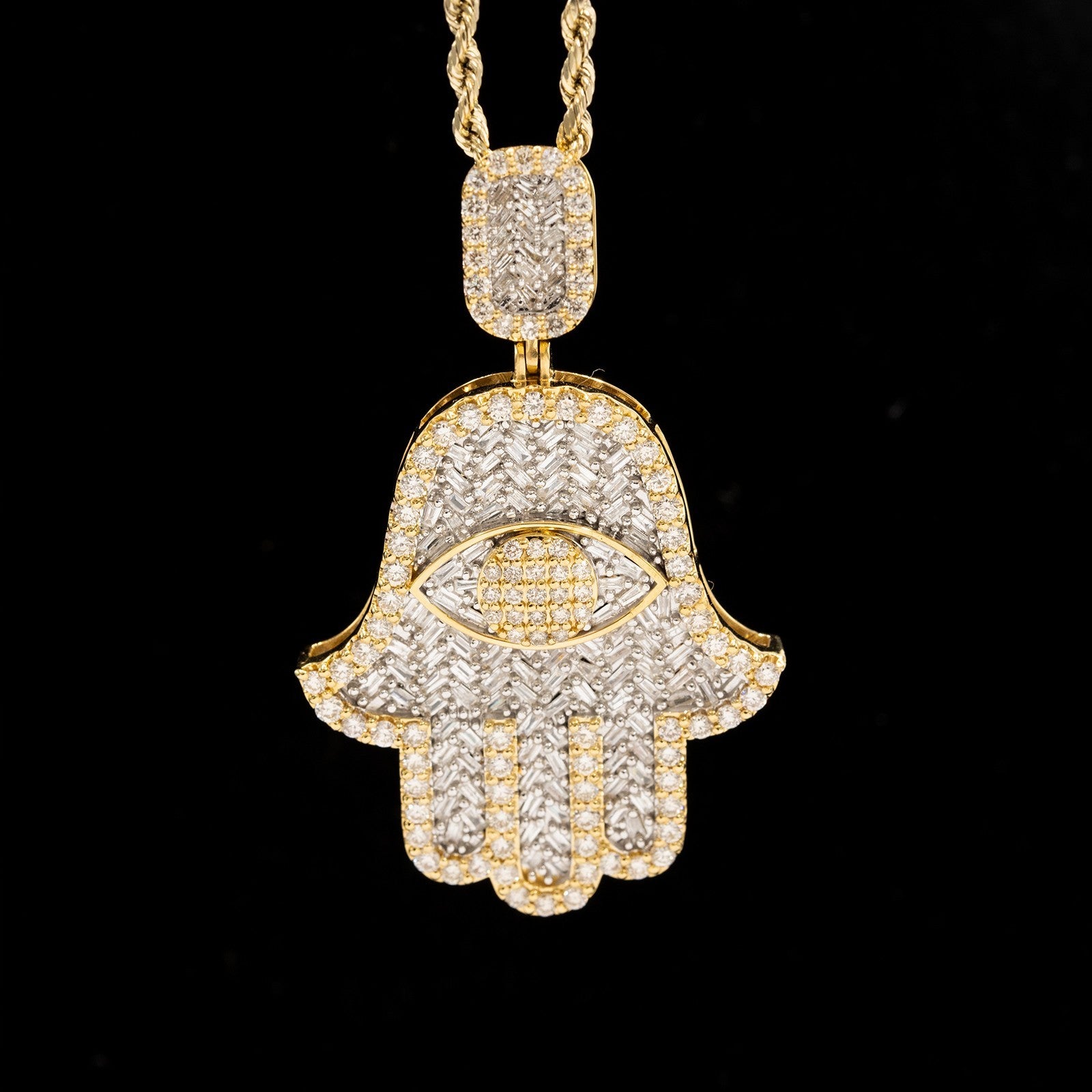 10k Yellow Gold 3.6CTW Round & Baguette Diamond Hamsa Hand Pendant 13.9g Charm