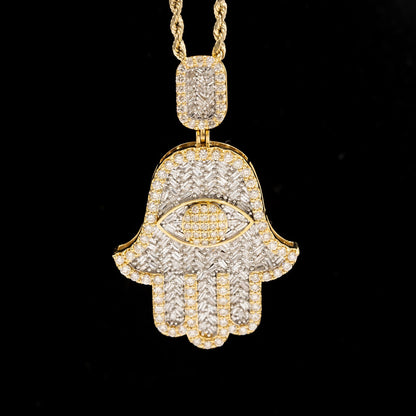 10k Yellow Gold 3.6CTW Round & Baguette Diamond Hamsa Hand Pendant 13.9g Charm