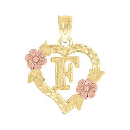10k Yellow/Rose Gold Heart Flower Initial Letter "F" Pendant 1.1g Alphabet Charm