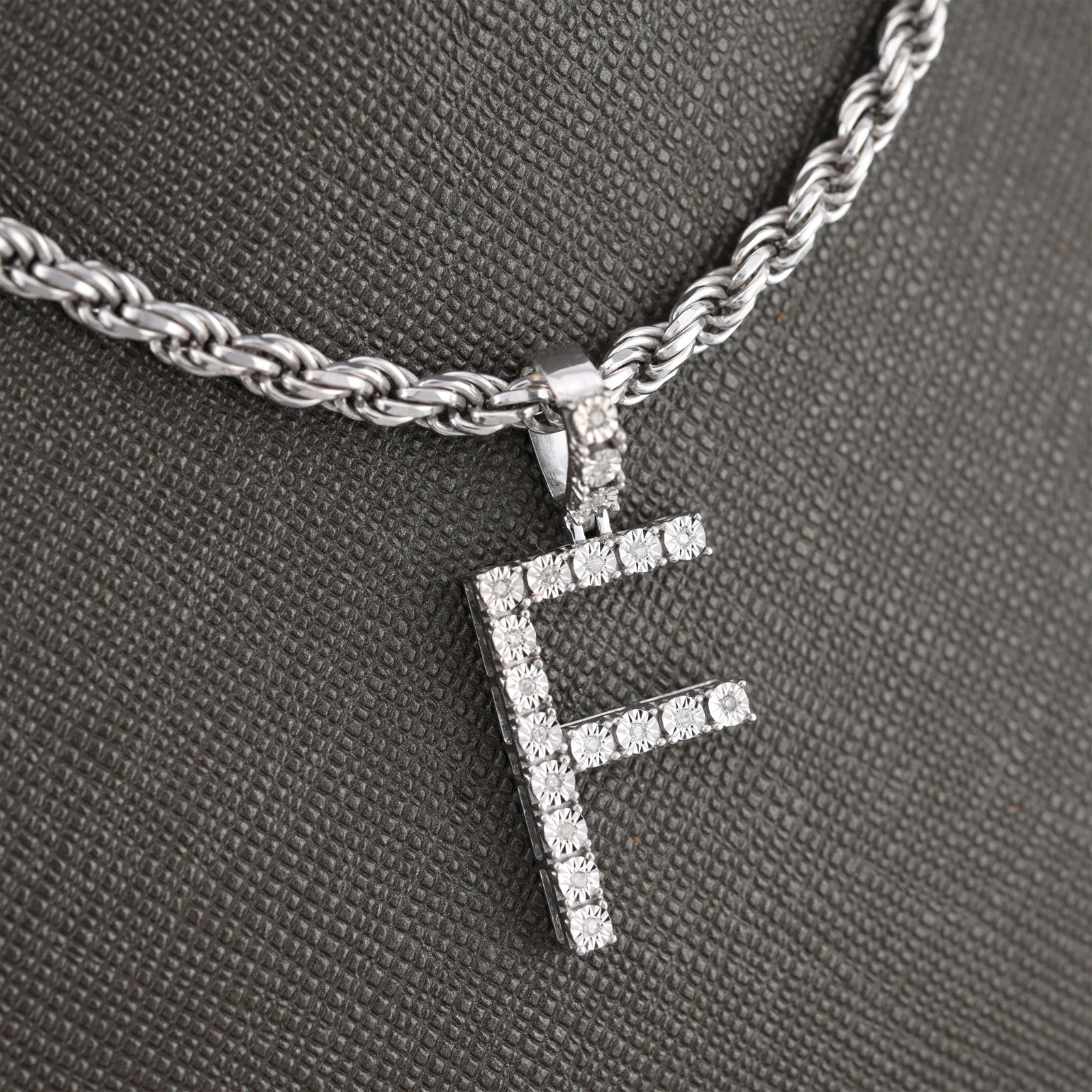 925 Silver Natural 0.15 CTW Diamond Initial Alphabet "F" Pendant 2g Unisex Charm