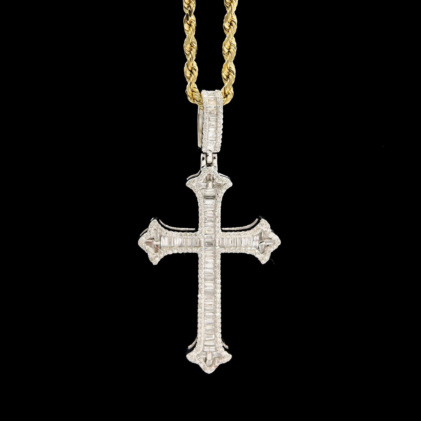 10k White Gold 0.87CTW Natural Round & Baguette Diamond Cross Pendant 6.3g Charm