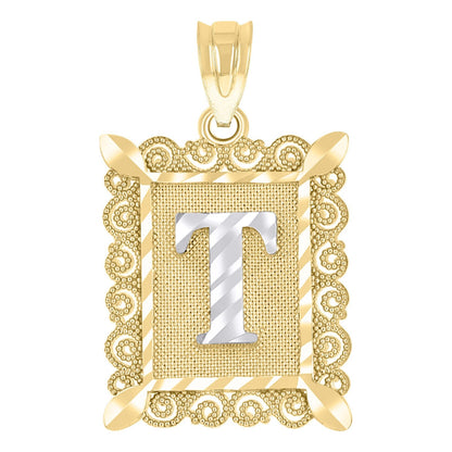 10k Yellow & White Gold Initial Letter "T" Pendant 1g Alphabet Unisex Charm