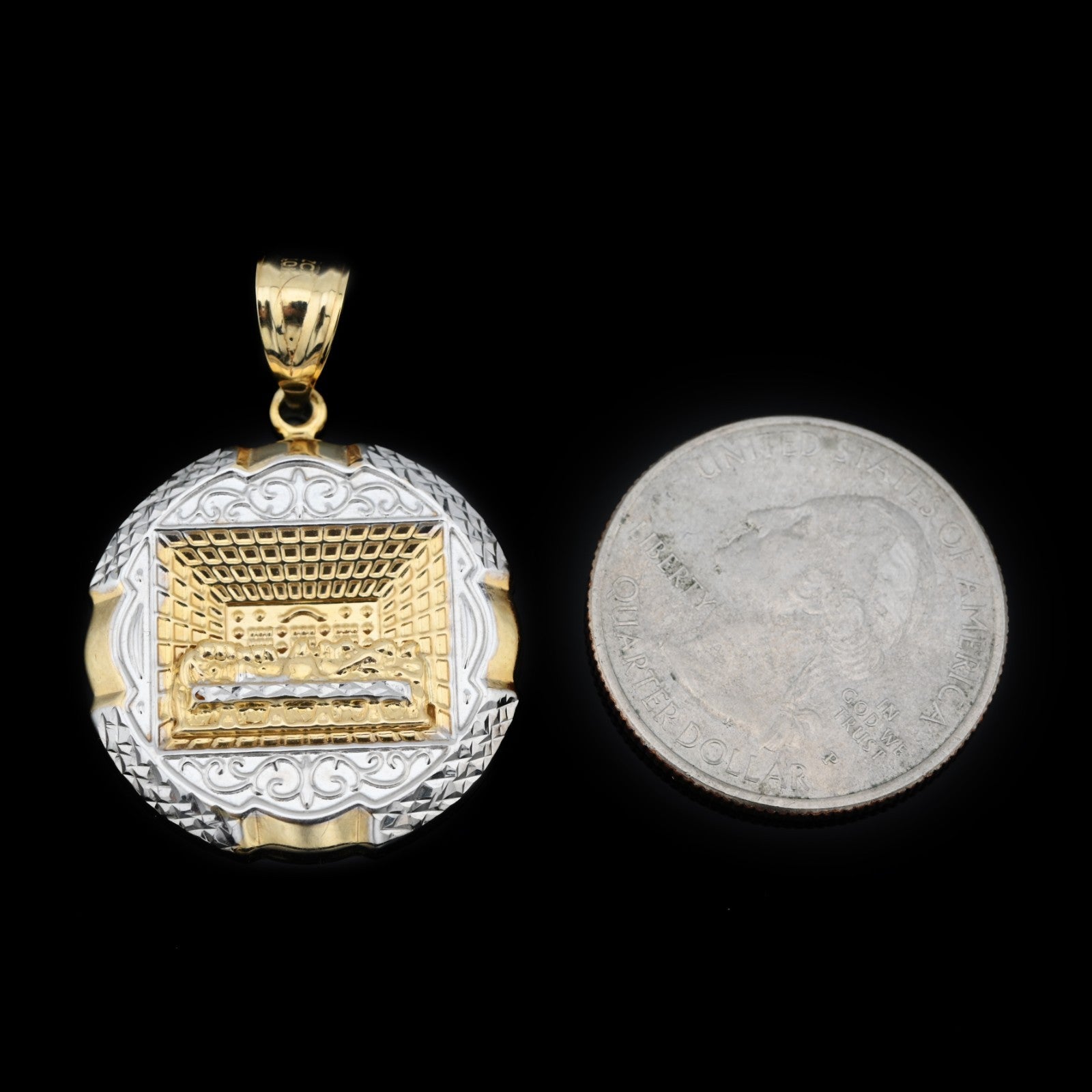 10K Yellow Gold Men Last Supper Apostles Pendant  1.35" 2 Tone Diamond Cut Charm