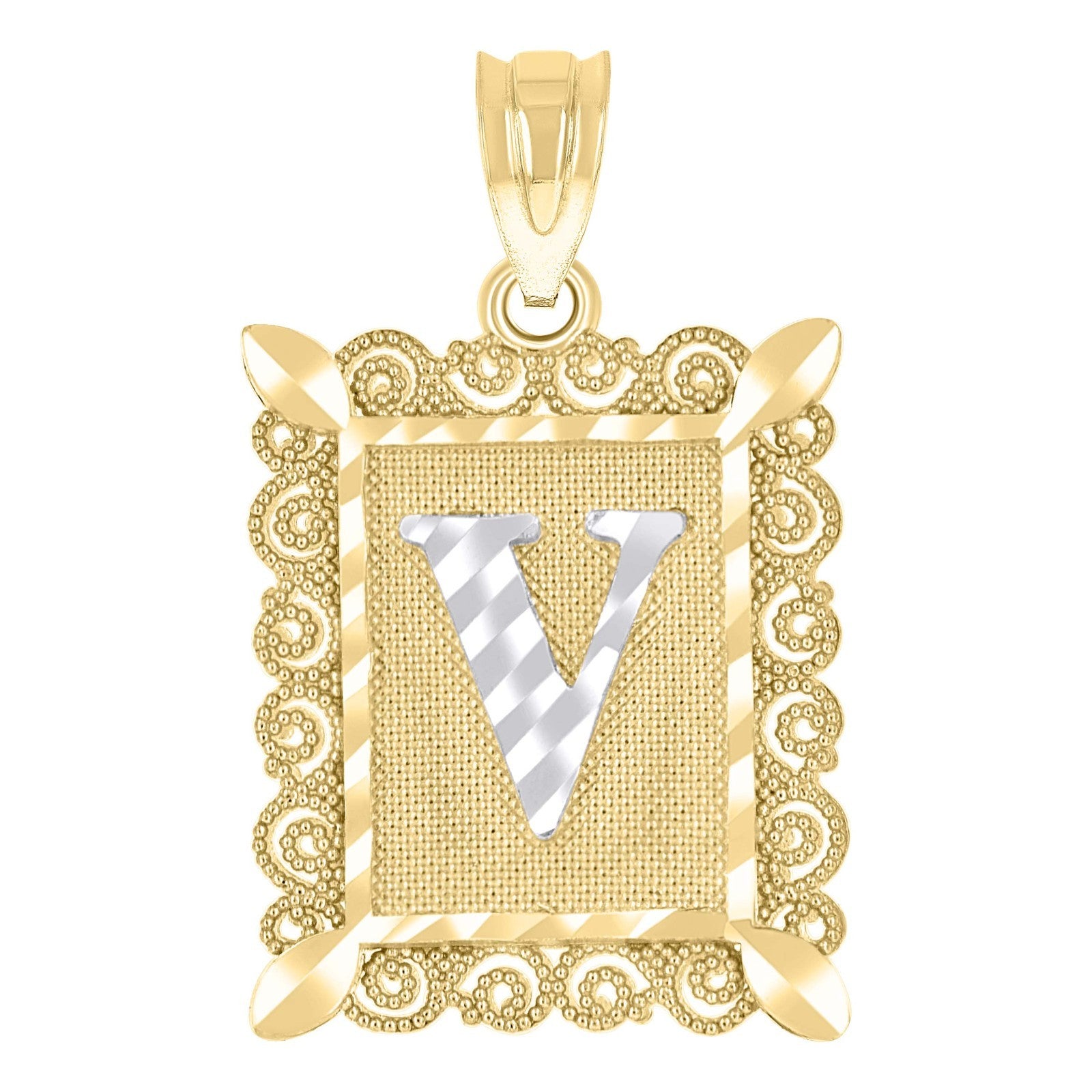 10k Yellow & White Gold Initial Letter "V" Pendant 1g Alphabet Unisex Charm