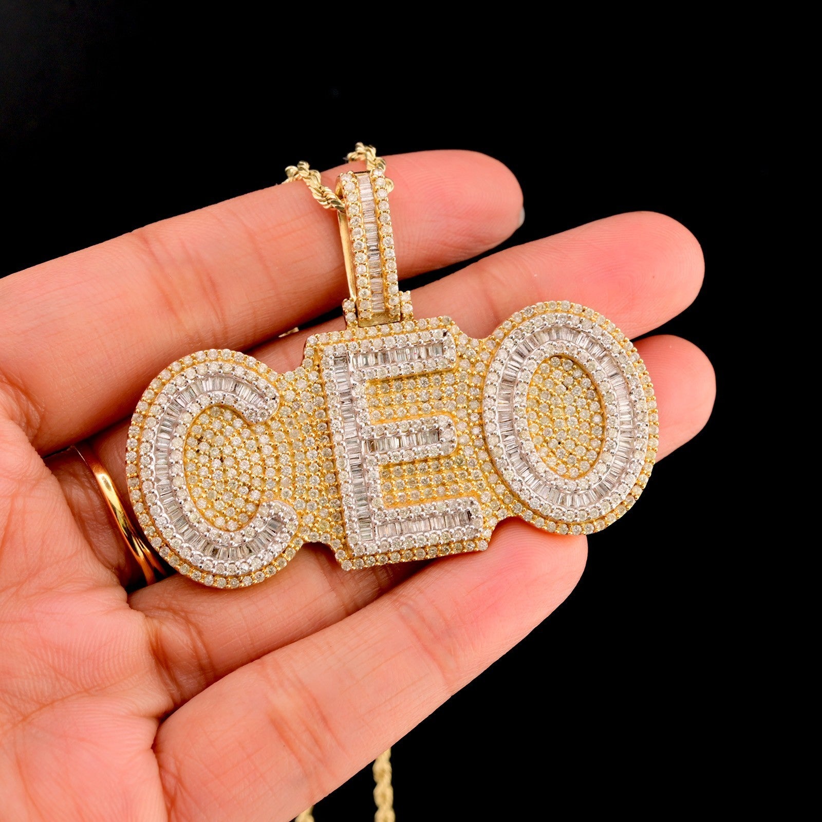 10k Yellow Gold 6.5CTW Round/Baguette Diamond "CEO" w/ Solid Back Pendant 24.1gm