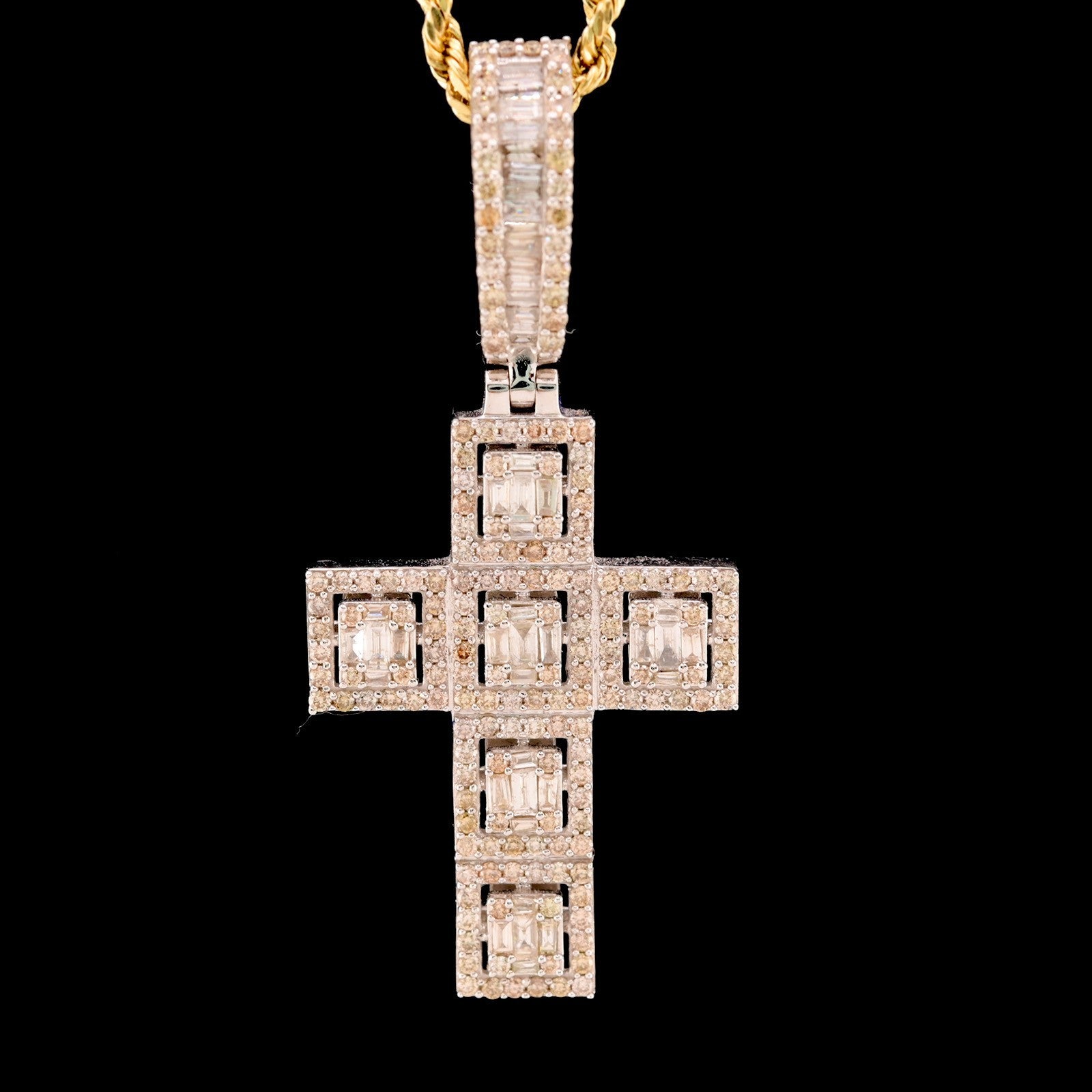 10k White Gold 2CTW Natural Round & Baguette Diamond Cross Pendant 6.4g Charm