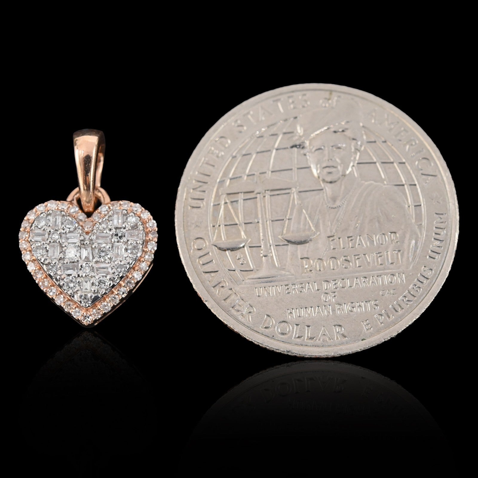 10k Rose Gold 0.28CTW Natural Round & Baguette Diamond Heart Pendant 2.1g Charm