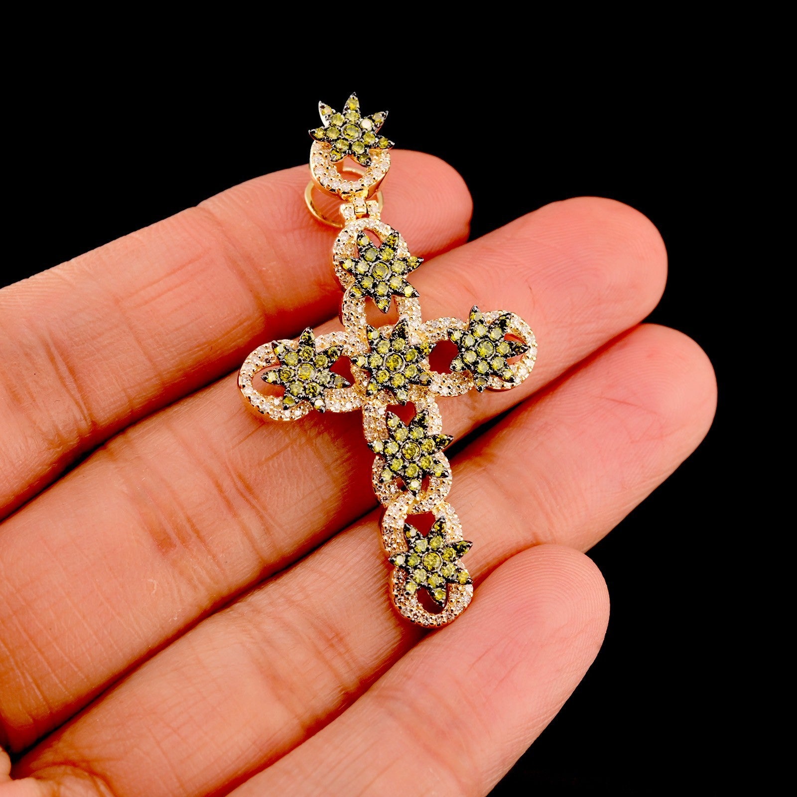 10k Yellow Gold 0.75CTW Natural Diamond Cross w/ Flower on Top Pendant 5g Charm
